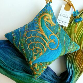 SEAHORSE, embroidered lavender bag, in tropical blue and gold