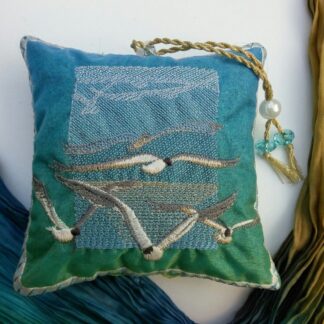 SEAGULLS, embroidered lavender bag, shades of blue coastal theme