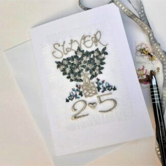 Embroidered Anniversary card, Silver 25th wedding anniversary, Tree of Life, blank card inside.