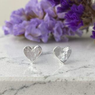 Silver Heart Earrings Small Hammered Studs
