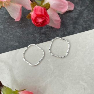 Square Front Facing Hoop Geometric Silver Hammered Stud Earring