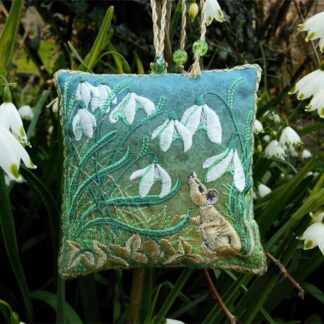 SNOWDROPS embroidered lavender bag with woodland mouse, Green and white colours
