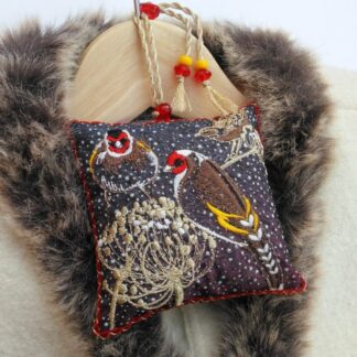 Winter snowfall supper for GOLDFINCHES embroidered lavender bag with beaded hanging loop