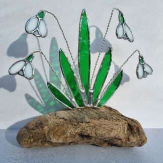 Stained Glass Snowdrops and Driftwood Sculpture