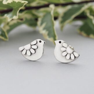 Sterling Silver Folk Art Daisy Bird Stud Earrings