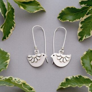 Sterling Silver Folk Art Daisy Bird Dangle Earrings - gift for women