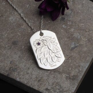 Hand Engraved Sterling Silver Amethyst Flower Necklace Personalised