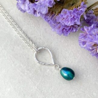 Teal Green Pearl Drop Silver Necklace