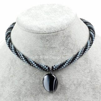 Handcrafted Black and Grey Spiral Braided Necklace with Fused Glass Pendant
