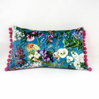 Turquoise floral print velvet cushion