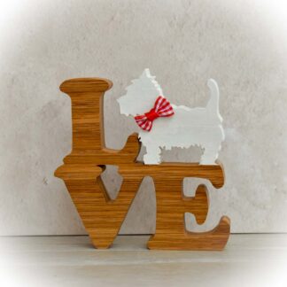 Wooden LOVE sign with white Westie dog and red checked bow