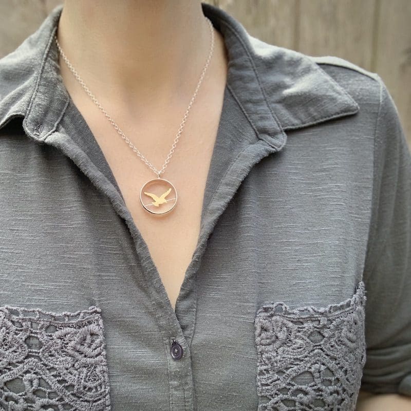 Bird On A Wire Sterling Silver & Brass Pendant Necklace - Image 7