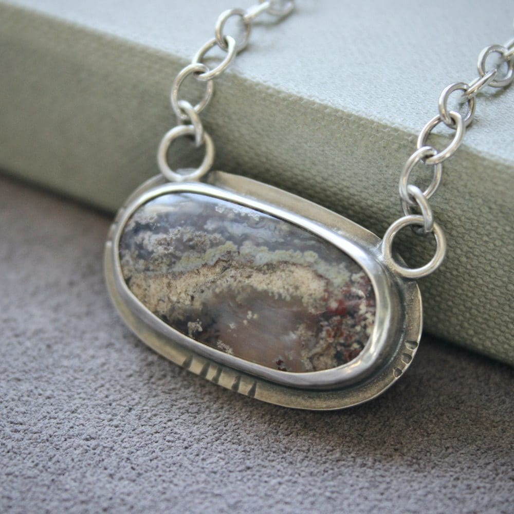 Moss Agate & Sterling Silver Pendant Necklace, Hallmarked