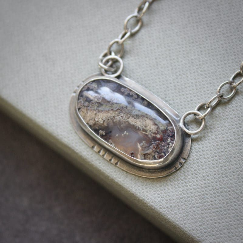 Moss Agate & Sterling Silver Pendant Necklace, Hallmarked - Image 5