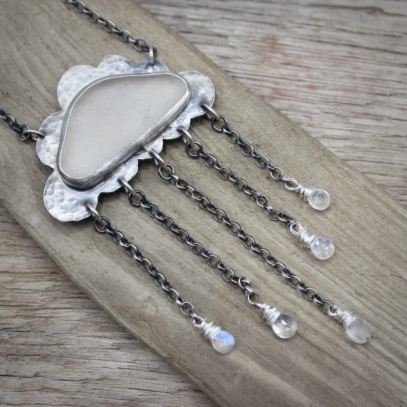 Sea Glass & Moonstone Raincloud Pendant Necklace, Hallmarked - Image 2