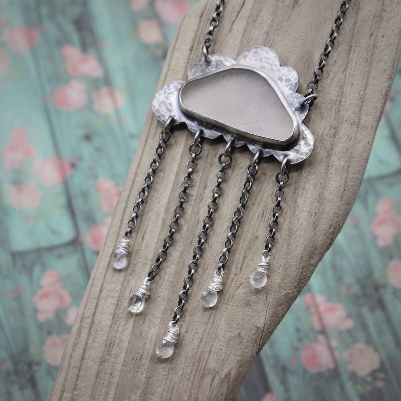 Sea Glass & Moonstone Raincloud Pendant Necklace, Hallmarked - Image 4