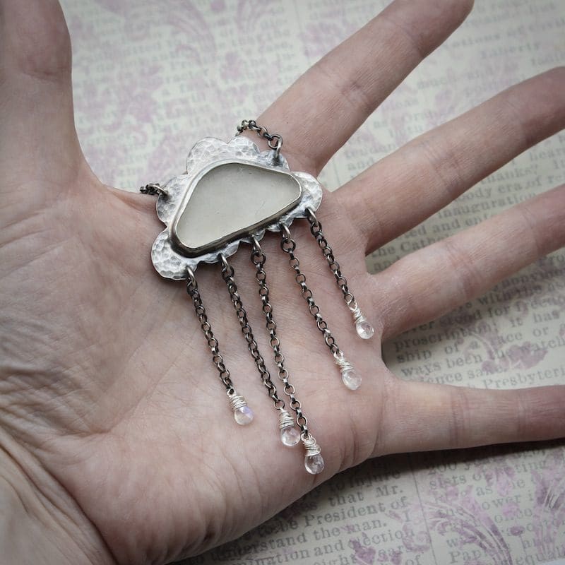 Sea Glass & Moonstone Raincloud Pendant Necklace, Hallmarked - Image 6