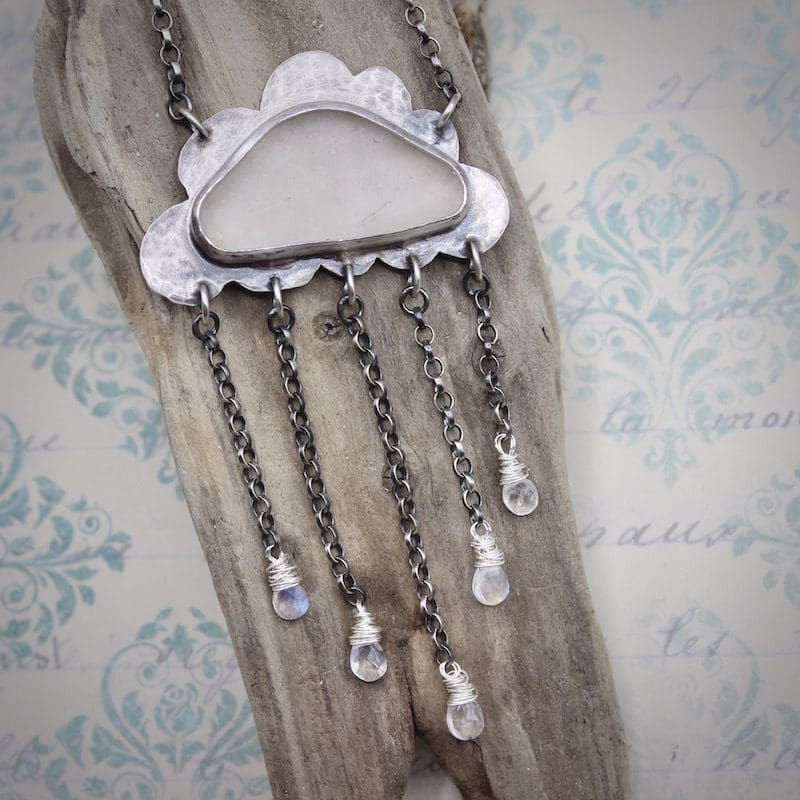 Sea Glass & Moonstone Raincloud Pendant Necklace, Hallmarked - Image 7