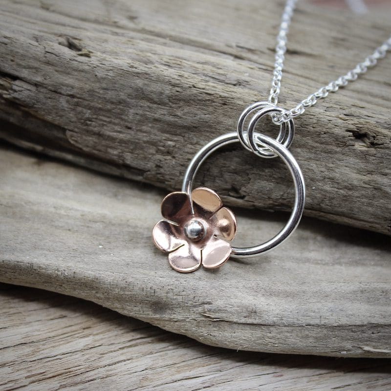 Silver & Copper Flower Pendant Necklace