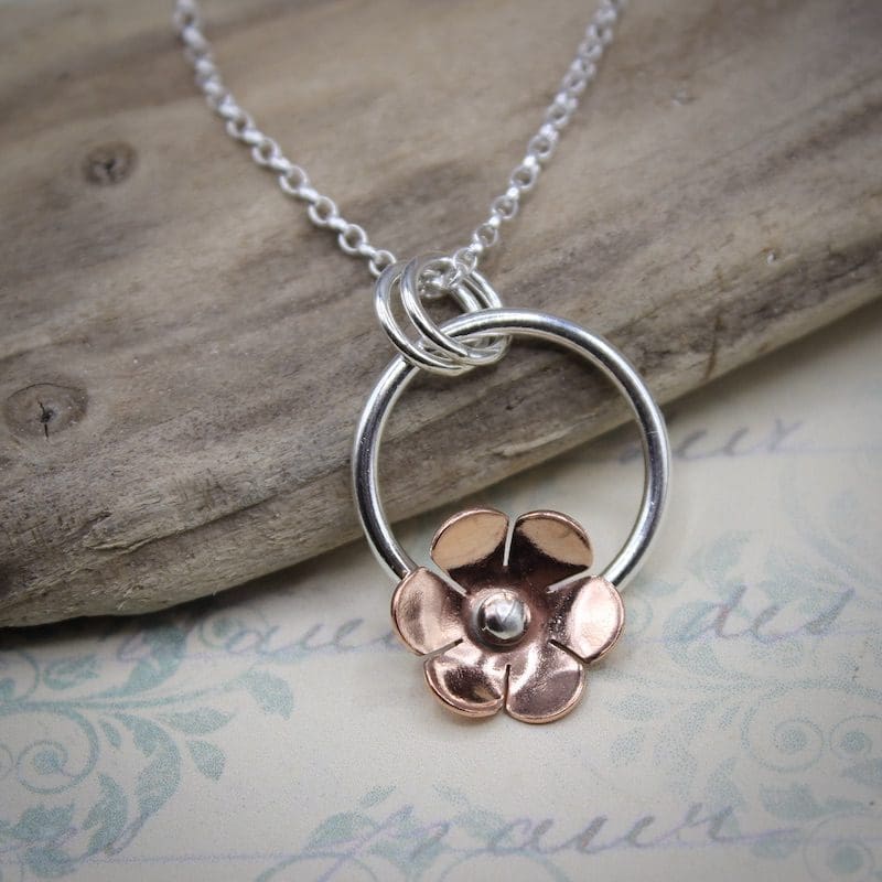 Silver & Copper Flower Pendant Necklace - Image 2