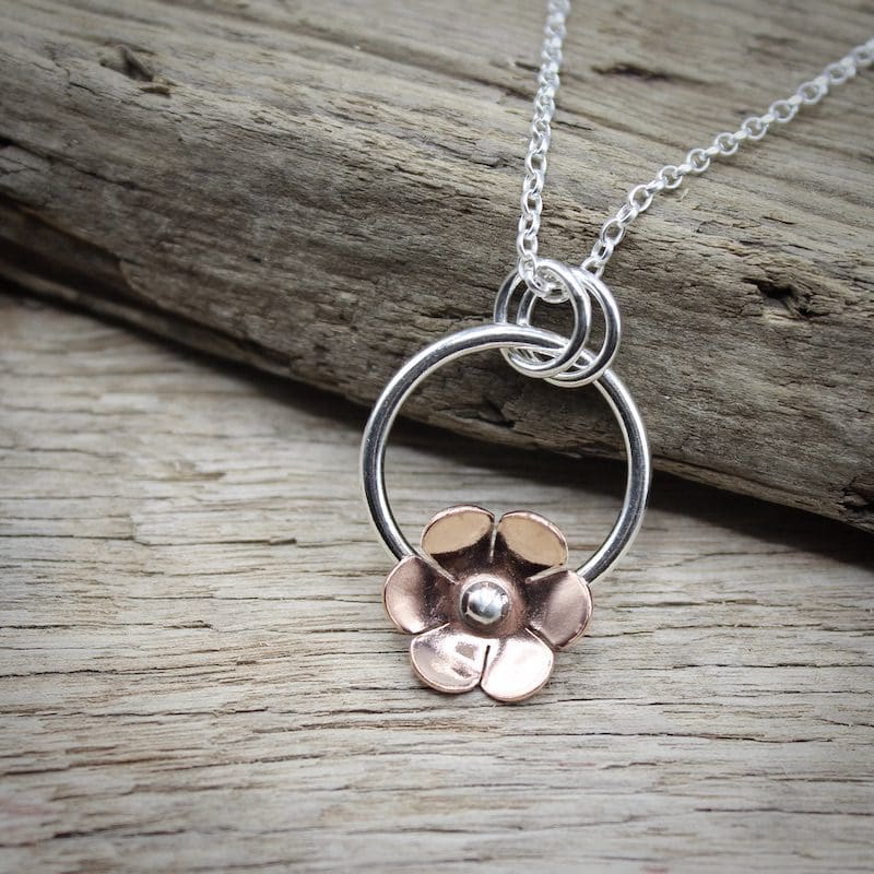 Silver & Copper Flower Pendant Necklace - Image 5