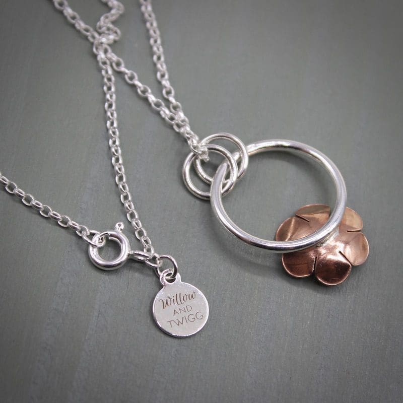 Silver & Copper Flower Pendant Necklace - Image 7