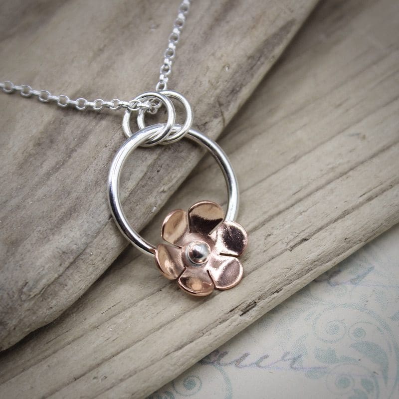 Silver & Copper Flower Pendant Necklace - Image 8