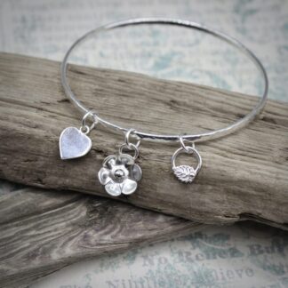 Hearts & Flowers Sterling Silver Charm Bangle, Hallmarked