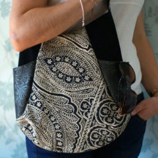 Woven Jacquard Multi Fabric Panelled Tote Bag with Embossed Leather Pockets