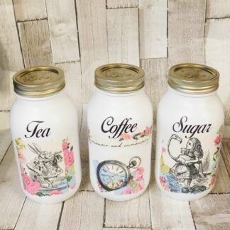 Alice in Wonderland Kitchen Canisters, Tea Coffee Sugar Jars, White, Pink or Blue