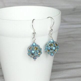 Turquoise Iridescent Beaded Ball Earrings with Sterling Silver Earwires
