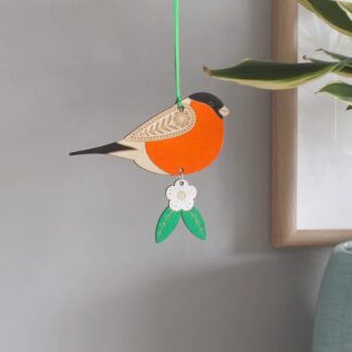 Wooden Bullfinch Hanging Decoration with Hawthorn Flower - Hand Painted