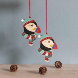 Winter Wooden Puffin Decoration - Hand Painted