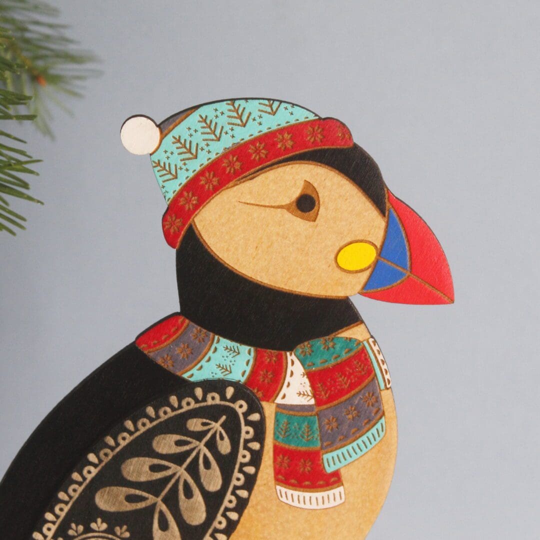Standing Wooden Puffin or Festive Puffin Decoration - Etched and Hand Painted - Image 5