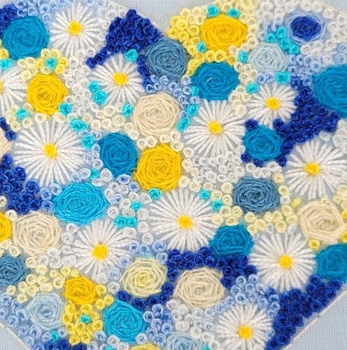 Blue flower filled heart hand embroidered 4 inch hoop wall hanging - Image 3