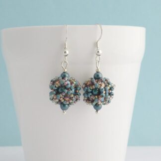 Copper and Metallic Teal Beaded Ball Earrings with Sterling Silver Earwires