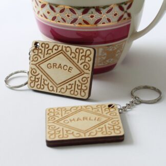 Personalised Wooden Custard Cream Keyring