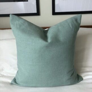 sage green French linen cushion cover, with envelope reverse