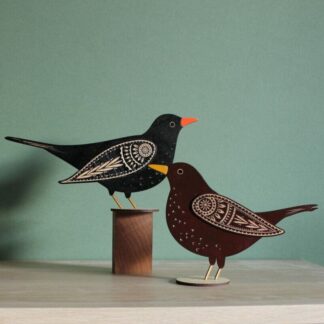 Standing Wooden Blackbird Decoration - Etched and Hand Painted