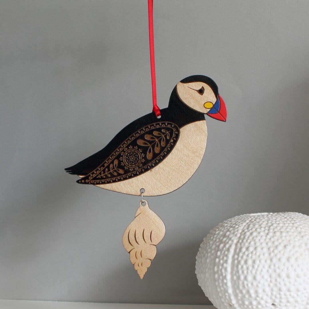 Wooden Puffin Hanging Decoration with Shell - Hand Painted - Image 2