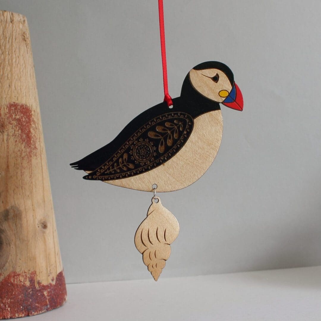 Wooden Puffin Hanging Decoration with Shell - Hand Painted