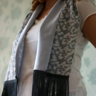 Grey and Cream Cotton Ikat Weave Scarf with Silk Satin Lining and Fringing