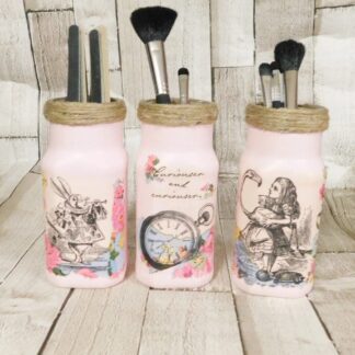 Alice In Wonderland Make Up Brush Holder Jars, Bathroom Storage Pink, White or Blue, Set Of 3