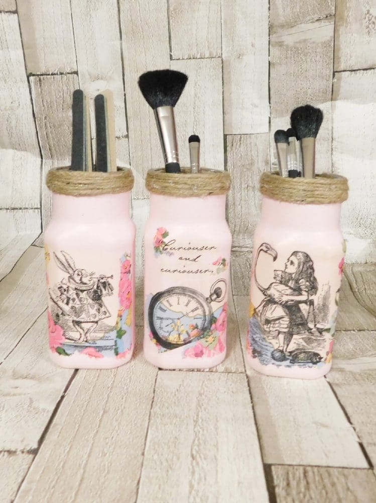 Alice In Wonderland Make Up Brush Holder Jars, Bathroom Storage Pink, White or Blue, Set Of 3