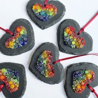 Mosaic Slate Heart hanging with Rainbow Millefiori
