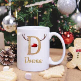 Christmas Mug with Inital Letter, Reindeer antlers and red nose
