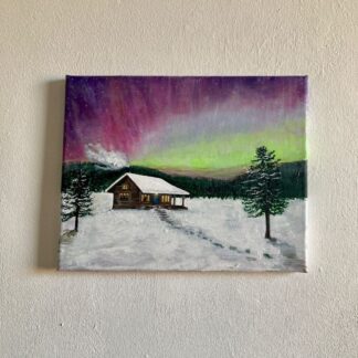 Arctic house with Northern lights painting