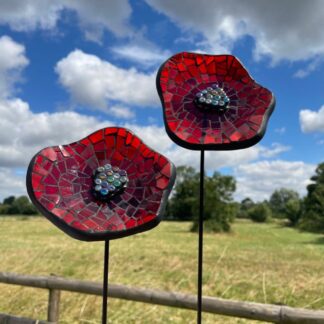 Large red poppy garden stake, stained glass mosaic art