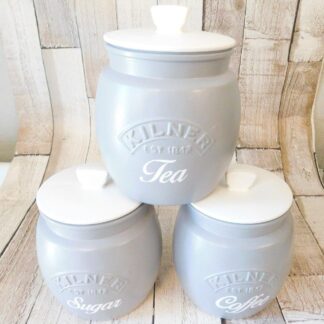 Grey and White Kitchen Canisters, Tea Coffee Sugar Jars