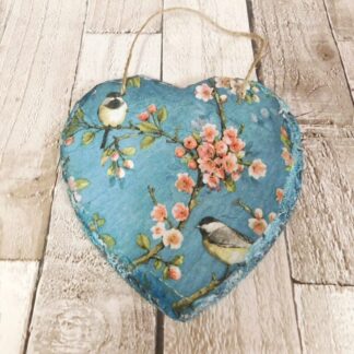 Birds and Cherry Blossom Hanging Slate Heart Plaque